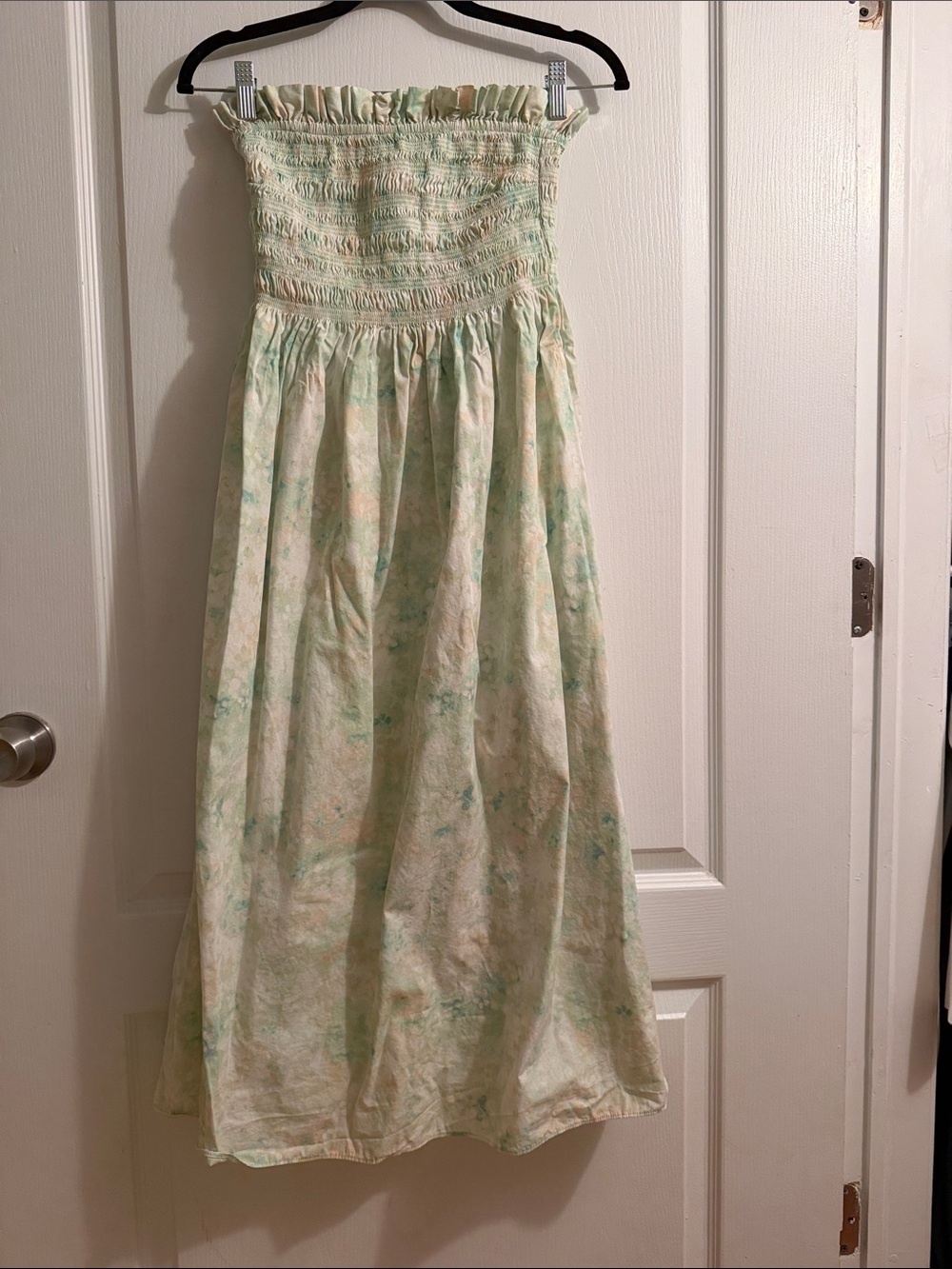 H&M Smocked Strapless Maxi Dress in Pale Green and Cream